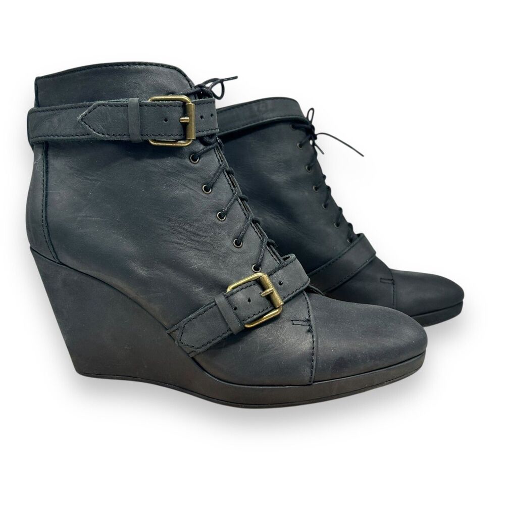 MADEWELL 1937 Wedge‎ Boot Women 10  Black-ish Leather Chukka Buckle 3.5" Heel